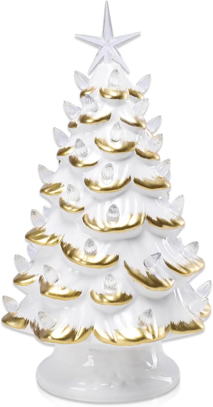 Small Ceramic Christmas Tree Hand-Painted Vintage Tabletop Christmas Tree White Golden Holiday Decoration with Multi-Color Lights 11 inch