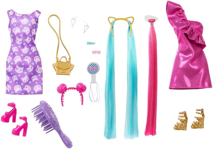 Barbie Doll with Extra-Long Blonde Rainbow Hair & Color-Block Polka Dot Dress, Plus 10 Hair & Fashion Accessories