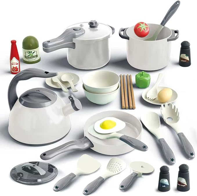 Bruvoalon 32Pcs Kids Play Kitchen Toys Set, Toddlers Pretend Cooking Playset Acccessories with Pots Pans, Utensils Cookware, Foods, Canned Veges, Learning Gift for Kids Girls Boys (White)