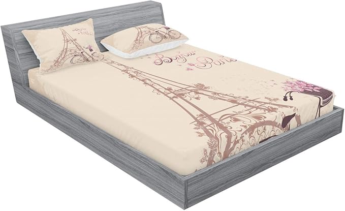 Ambesonne Paris Fitted Sheet & Pillow Sham Set, Eiffel Tower Floral Style Romantic Vintage Bike with Flowers Bonjour Paris Words Print, Decorative Printed 3 Piece Bedding Decor Set, Queen, Beige