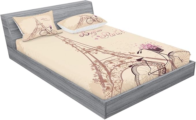 Ambesonne Paris Fitted Sheet & Pillow Sham Set, Eiffel Tower Floral Style Romantic Vintage Bike with Flowers Bonjour Paris Words Print, Decorative Printed 3 Piece Bedding Decor Set, Calking, Beige