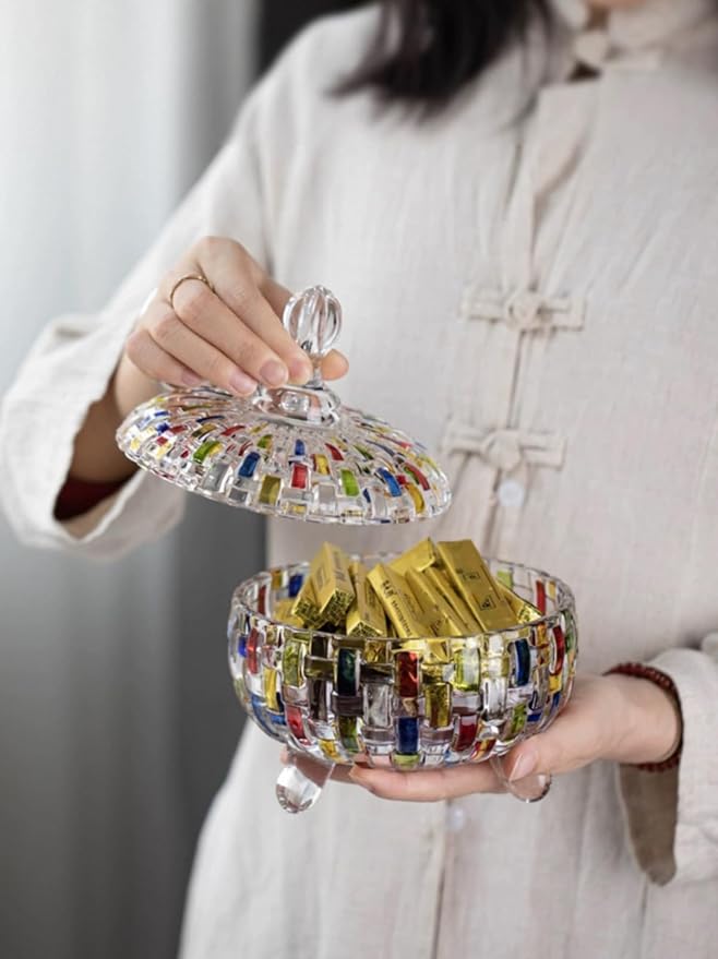 Elegant-Hand Painted Colorful Large Crystal Glass Candy Box,Candy jars with Lid,Storage Jewelry Jar,Candy dish covered,Great Gift for Family Friends-24 oz-Cute Candy servers.