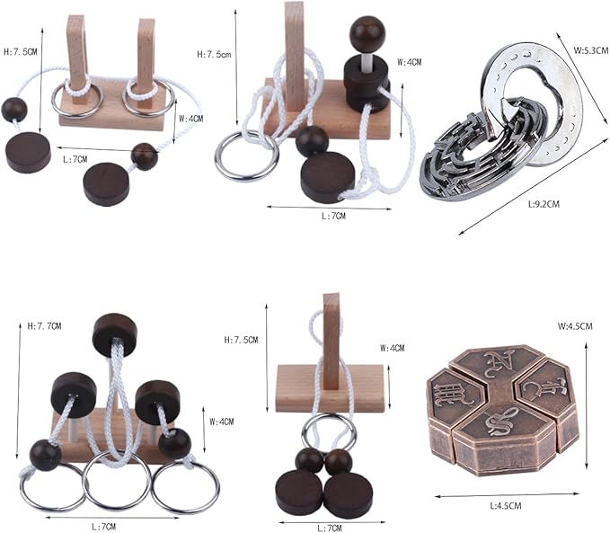 Wooden and Metal 3D Unlock Interlock Assorted Brain Teasers Puzzles,IQ Logic Training Family Game Party Favor Coffee Table Time Unlock Interlock Mind Puzzles Box(6Pcs)
