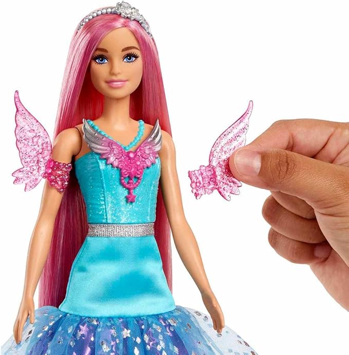 Barbie A Touch of Magic Fashion Doll, Malibu with Wing-Detailed Dress, 7-inch Long Colorful Hair, 2 Fantasy Pets & Accessories