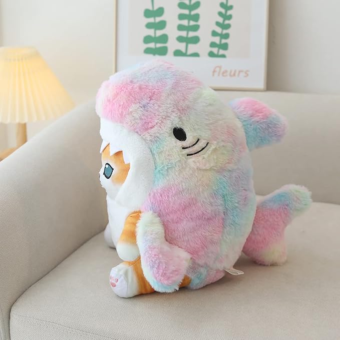 Kawaii Shark Cat Plush Toy Stuffed Animal Doll, Soft Pillow for Boys & Girls (Tie-dye Shark cat, 20cm/7.8in)