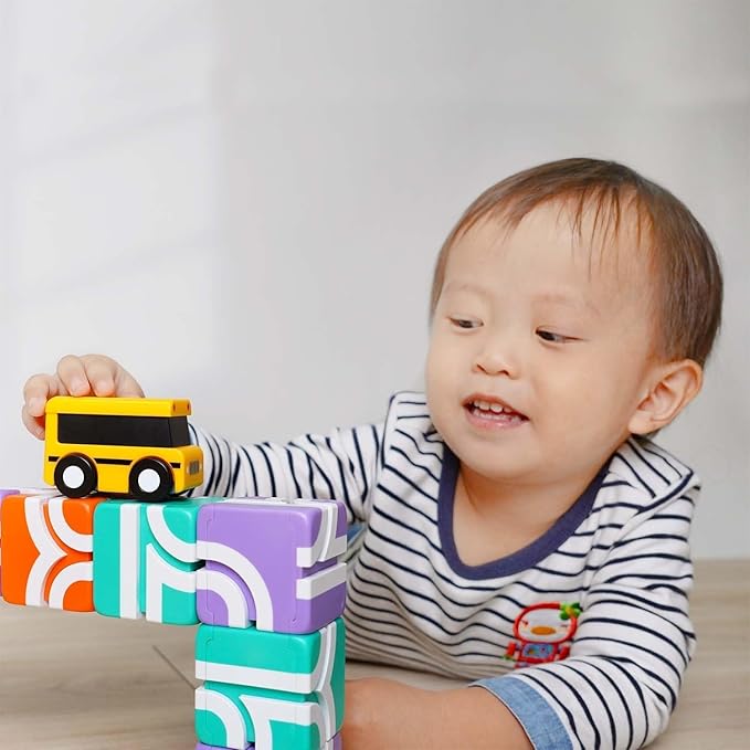 QBI Magnetic Blocks STEM Toys for Toddlers Aged 1+ Year Old Boys & Girls|3D Colorful Magnetic Building Blocks with School Bus|Magnet Block for Kids|Educational & Montessori Preschool Kids Toy (13PCS)