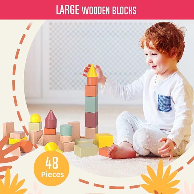 Migargle Large Wooden Building Blocks for Toddlers - Educational Preschool Learning Toys with Storage Bag, Innovative Shapes & Variety Colors to Build More Combinations (48Pcs)