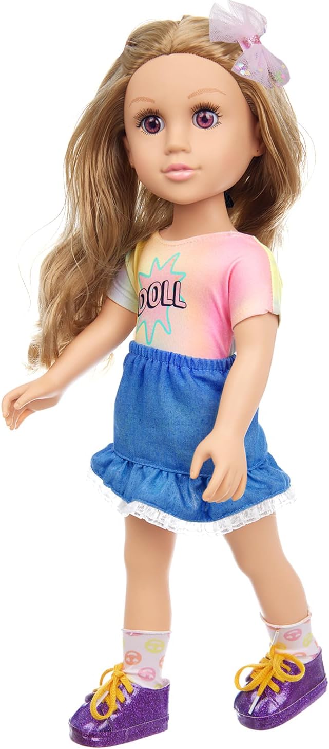 18 Inch Girl Doll Playset with Doll Clothes and Accessories Including 18 Inch Doll T-Shirt Denim Skirt Shoes Handbag Socks Bow Headwear for Little Girl