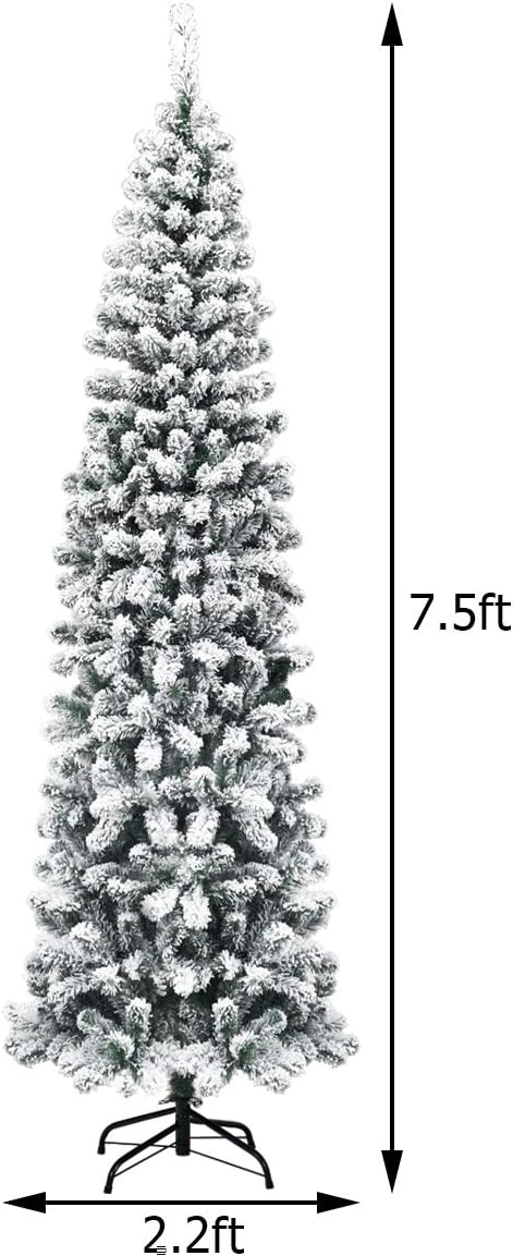 Happygrill 7.5FT Snow Flocked Pencil Christmas Tree Artificial Xmas Tree for Indoor Outdoor, Slim Christmas Tree for Festival Decoration