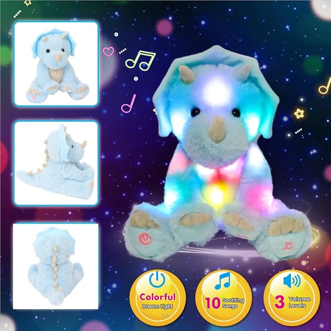 Cuteoy Blue Triceratops LED Musical Stuffed Animal Light-up Singing Plush Dinosaur Adjustable Volume Lullaby Plushies Birthday Christmas Toy Gifts for Kids Toddler Girls, 13"