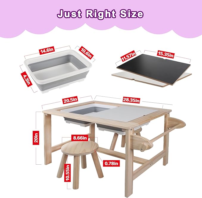 Kids Sensory Bins Table with 2 Stool, Multifunctional Children Interactive Activity Wooden Table Set for 1-3 Years, Drawing Table Play Sand & Water Table with Storage Bins Lid