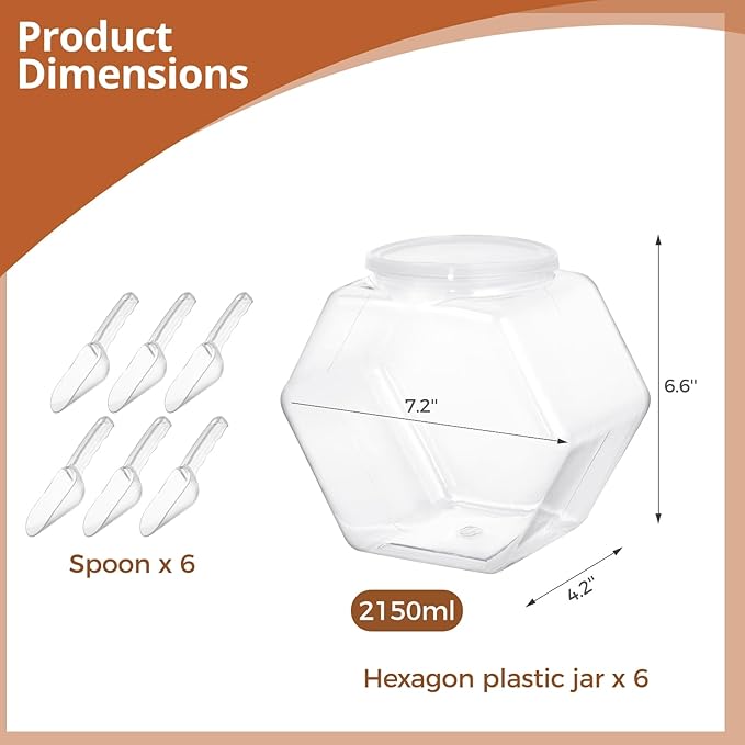 6 PCS Hexagon Plastic Jars with 6 Spoons, Clear Cookie Jars with Airtight Lids, Reusable Coffee Candy Display for Snacks, Cookie, Dog Treats, Coffee Pod (72oz)