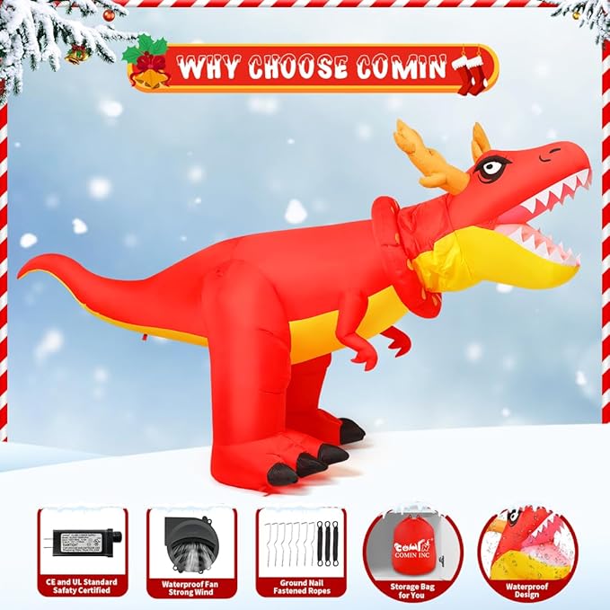 COMIN 9.5FT Christmas Inflatables Dinosaur Outdoor Yard Decoration Xmas Shakable Dino Blow Up with Built-in LEDs for Indoor Party Lawn Garden Decor