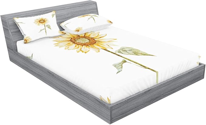 Ambesonne Sunflower Fitted Sheet & Pillow Sham Set, Sunflowers Watercolor Painting Effect and in Minimalistic Design Artwork, Decorative Printed 3 Piece Bedding Decor Set, King, Yellow Green White