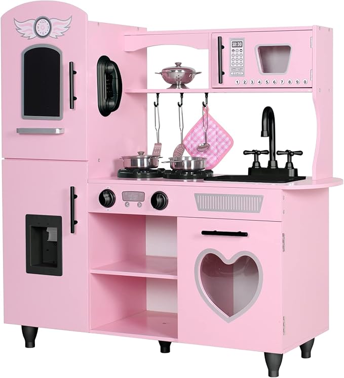 TaoHFE Kitchen Set for Kids Wooden Play Kitchen Toy Sets for Girls Gift Pink Kitchen for Toddlers Kitchen Playset Toys for Kids Age 3+ Pretend Play with Lights & Sounds (Pink)