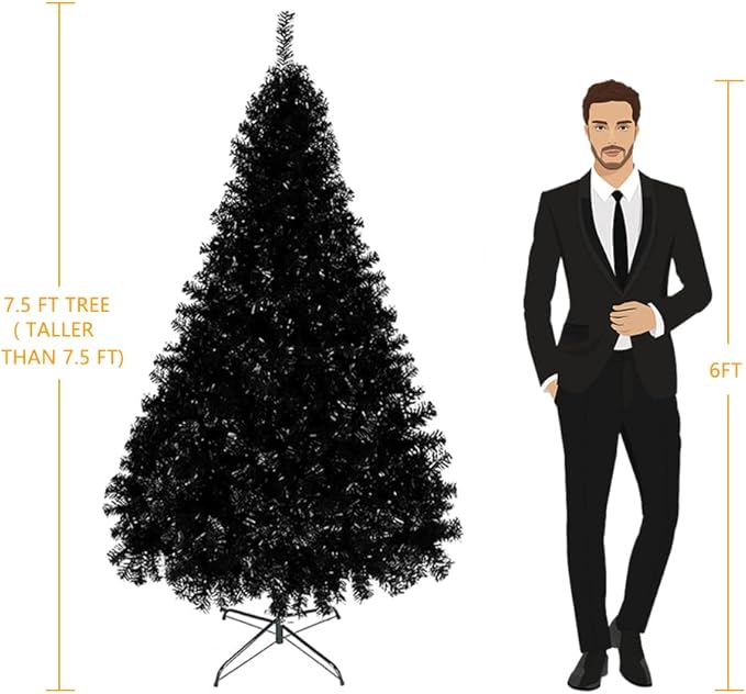 Bonnlo Upgraded Full 7.5ft Artificial Black Halloween Christmas Tree Holiday Decoration w/ 2500 Branch Tips, Sturdy Metal Stand