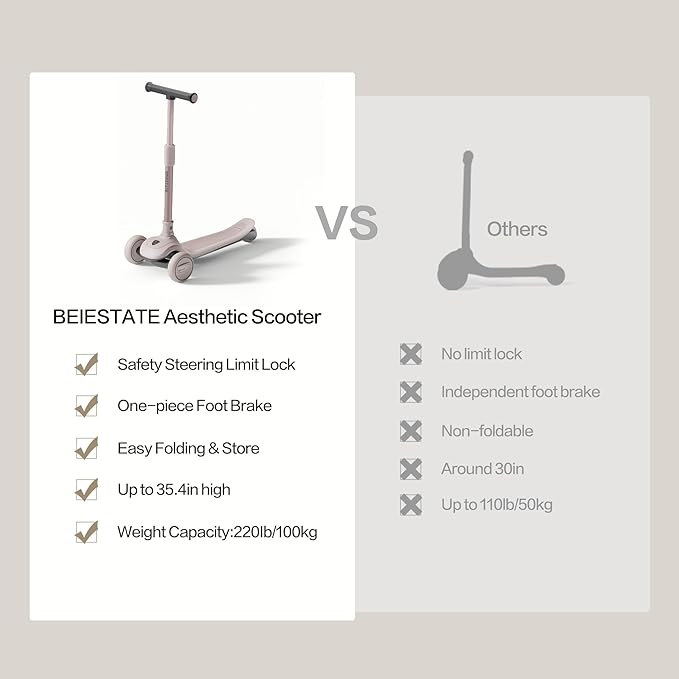 Aesthetic Scooter, Kids 3 Wheel Scooter with LED Light-Up Wheels, Adjustable Handlebar (25.2"-35.4") for Ages 3-18, Max 220 lbs, Safety Steering Lock, Anti-Slip Deck & One-Piece Brake