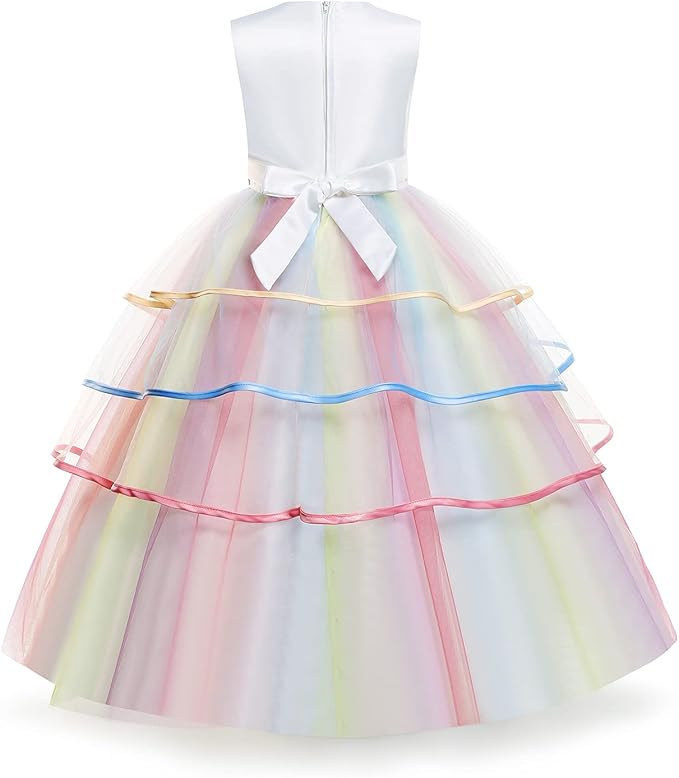 Unicorn Dress for Girls Unicorn Costume Pageant Princess Party Birthday Long Gown with Unicorn Headband & Necklace
