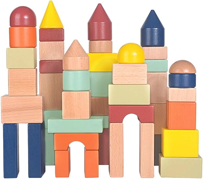 Migargle Large Wooden Building Blocks for Toddlers - Educational Preschool Learning Toys with Storage Bag, Innovative Shapes & Variety Colors to Build More Combinations (48Pcs)