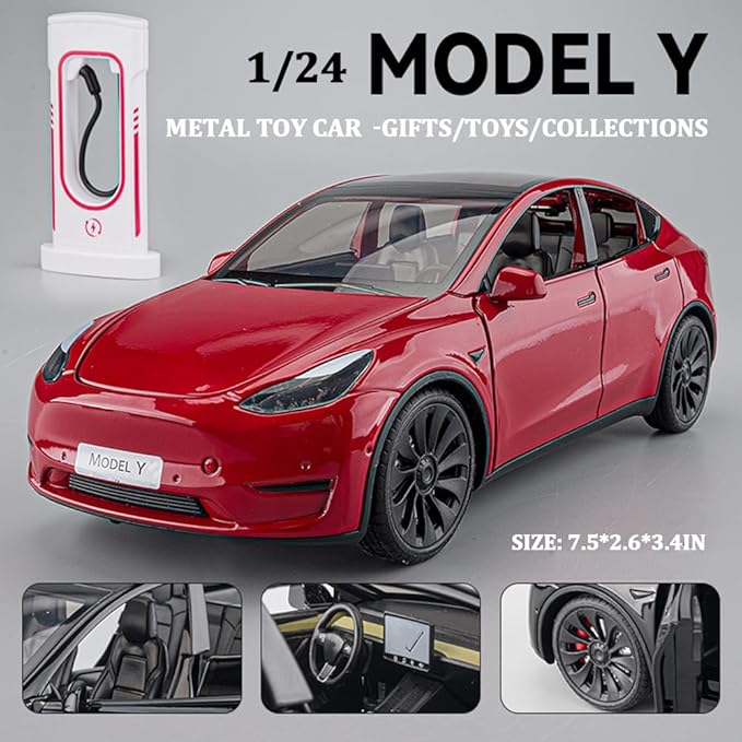 1/24 Scale Diecast Car Model Y, Alloy Diecast Toy Cars Pull Back Toys with Sound & Light, Vehicles Toys for Kids Gift Car Lovers Collection (1/24 Model Y -Red)