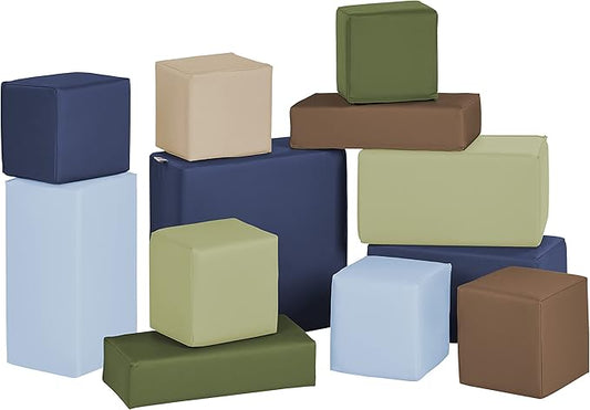 Factory Direct Partners 10417-ET SoftScape Stack-a-Block Big Foam Construction Building Blocks, Soft Play Set for Toddlers and Kids (12-Piece Set) - Earthtone
