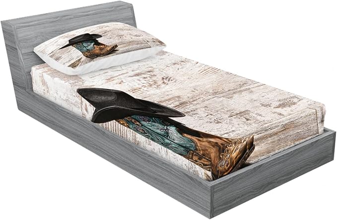Ambesonne Western 2 Pack Fitted Sheet & Pillow Sham Set, Rodeo Cowboy Grunge Hat, 4 Pcs Bedding Decor, Package Contains 2 Twin Size Fitted Sheets & 2 Pillow Covers, Black Brown