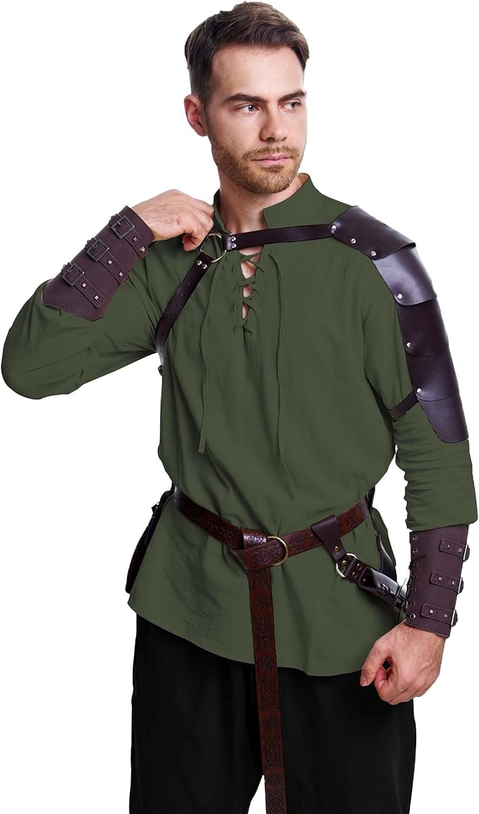 8 Pcs Men's Renaissance Costume Halloween Medieval Pirate Shirt Pant Viking Costume Accessories Set