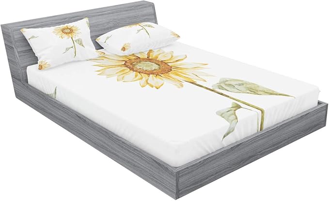 Ambesonne Sunflower Fitted Sheet & Pillow Sham Set, Sunflowers Watercolor Painting Effect and in Minimalistic Design Artwork, Decorative Printed 3 Piece Bedding Decor Set, Queen, Yellow Green White