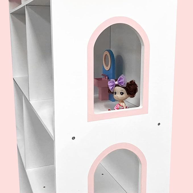 Wooden Dollhouse Bookshelf 4-Tier Children's Bookcase Display Storage Doll House Organizer Furniture for Kids Bedroom Playroom Nursery Kindergarten Gift for Boys Girls Ages 3-8 Years Old