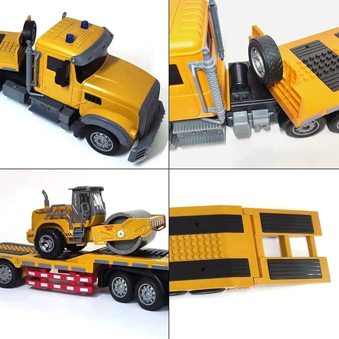 Remote Control Semi Truck Toy For Kids - 1:24 RC Semi-trailer Engineering Tractor With Sound And Lights, Trailer Truck Toy With Inertia Roller, Construction Vehicles For Boys & Girls 3-8 Years Old