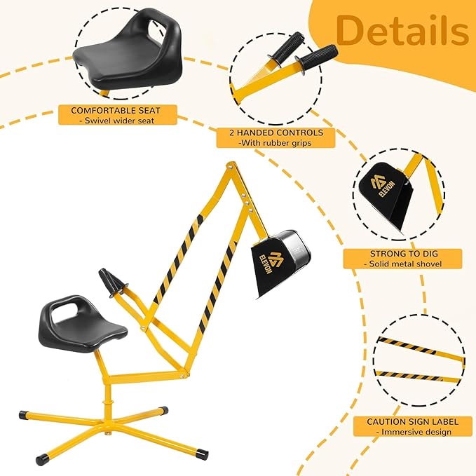Sand Digger Excavator Toys for Kids Outdoor Sandbox Digger Crane with 360 Degree Rotatable Seat Excavator Ride On Toy Beach Toys Great for Sand Dirt and Snow Steel Outdoor Play Toys, Yellow
