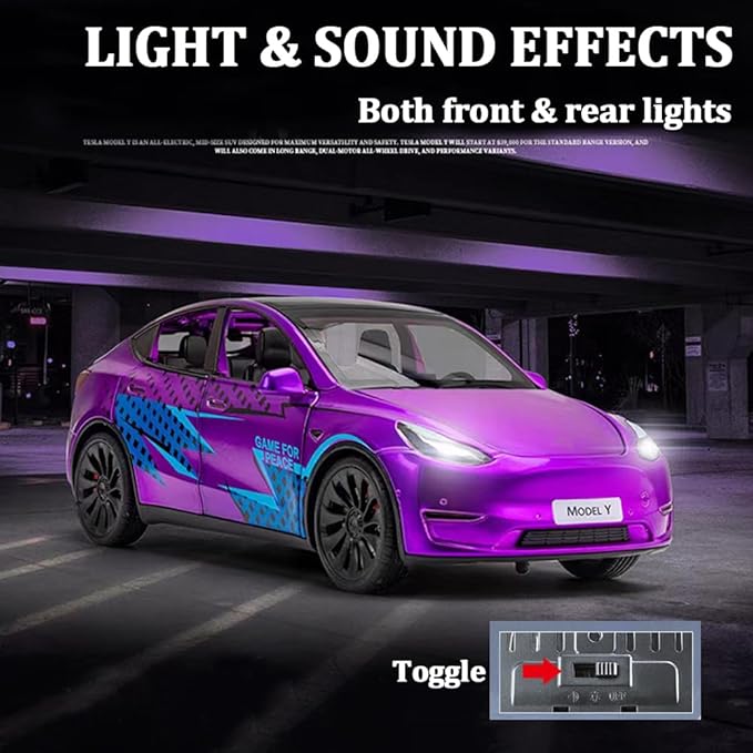 1/24 Scale Diecast Car Model Y, Alloy Diecast Toy Cars Pull Back Toys with Sound & Light, Vehicles Toys for Kids Gift Car Lovers Collection (1/24 Model Y -Purple)