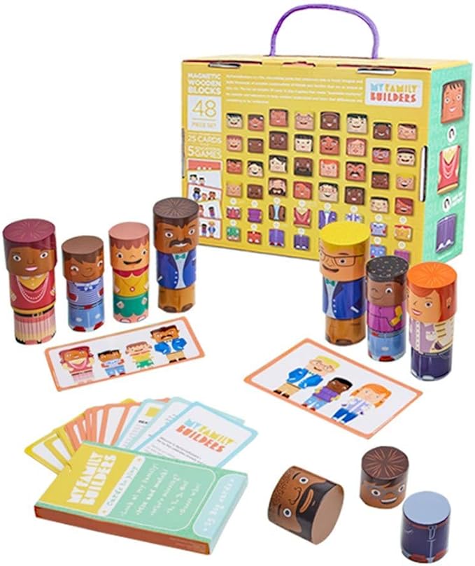 48-Piece Multiracial Family Play Set – Magnetic Wooden Diversity Building Blocks for Kids – SEL Toy Promoting Cultural Inclusion, Self-Esteem, and Eco-Friendly Play