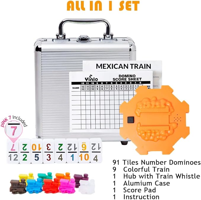 Yinlo Mexican Train Dominoes Set, Hub with Real Train Sound, Double 12 Colored Number