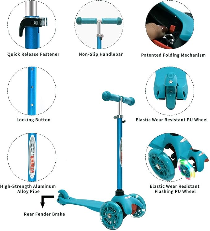 ChromeWheels Scooter for Kids, Deluxe 3 Wheel Scooter for Toddlers 4 Adjustable Height Glider with Kick Scooters, Lean to Steer with LED Flashing Light for Ages 3-6 Girls Boys