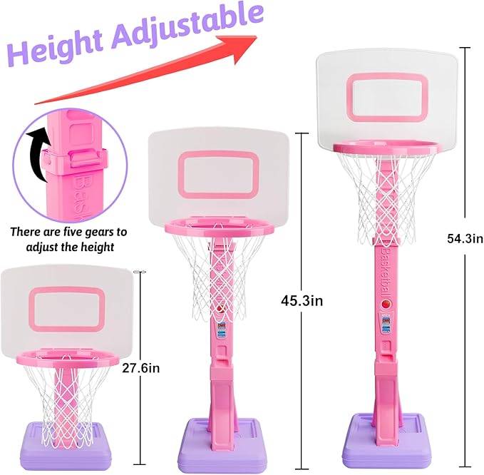 Toddler Girl Basketball Hoop Indoor Pink Adjustable Mini Basketball Goal with Ball Pump for Outdoor Poolside Toys Backyard Game Outside Basketball Toy for Kids Age 1-3 3-5 6 7 4-8 Birthday Gift