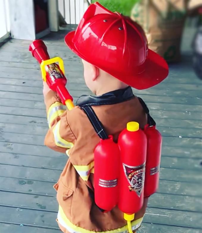4E's Novelty Firefighter Backpack Water Gun Blaster for Kids- Tank with Hose Shooter, Super Water Squirt Suitable for Outdoor Play Boys & Girls, Fireman Pretend Play