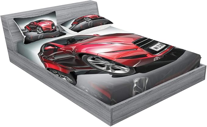 Ambesonne Cars Fitted Sheet & Pillow Sham Set, Modern Era Sports Car Designed for Spirited Performance and Fast Speed Racing Print, Decorative Printed 3 Piece Bedding Decor Set, Calking, Grey Red