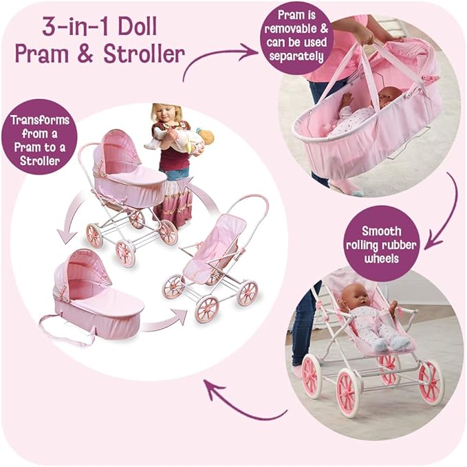 Badger Basket English Style Doll Stroller – Fits 18 to 22-inch Dolls, Classic Pretend Play Toy with Adjustable Canopy
