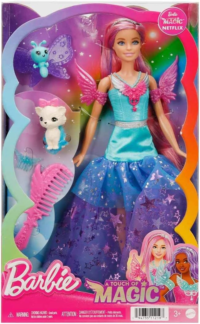 Barbie A Touch of Magic Fashion Doll, Malibu with Wing-Detailed Dress, 7-inch Long Colorful Hair, 2 Fantasy Pets & Accessories