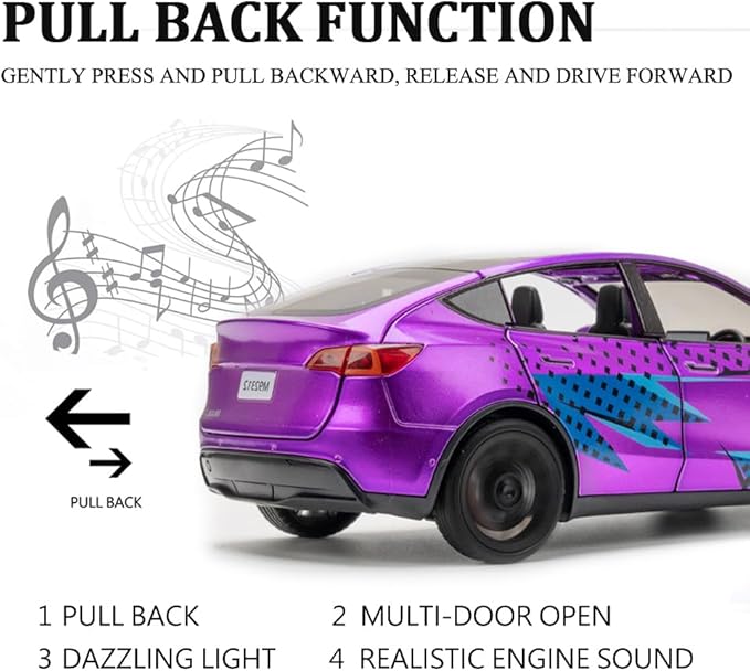 1/24 Scale Diecast Car Model Y, Alloy Diecast Toy Cars Pull Back Toys with Sound & Light, Vehicles Toys for Kids Gift Car Lovers Collection (1/24 Model Y -Purple)