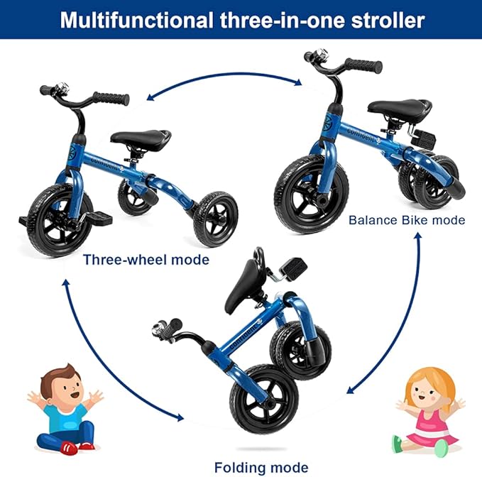 Ancaixin 3 in 1 Toddler Tricycles for 2-5 Years Old Boys and Girls with Detachable Pedal and Bell, Foldable Baby Balance Bike Riding Toys for 2+ Kids, Child Birthday Christmas New Year Gift Blue