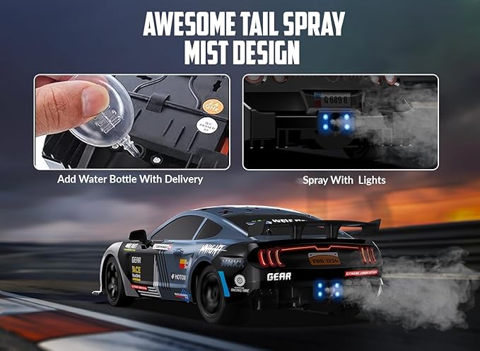 RACENT 1:16 RC Drift Car, 2.4Ghz 4WD 18KM/H Remote Control Car with Spray Mist, Racing and Drifting Wheels, LED Light, 2 Batteries, Sport Model Toys Vehicle for Kids, Boys, Adults