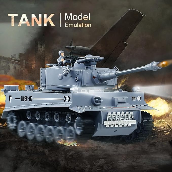 Dollox 1/18 Remote Control Tank 2.4Ghz, RC Military Toys German Tiger Army Battle Tank Vehicles with Smoke Launch Bullets, Rotating Turret, Light, Sound, Waterbomb RC Car Truck Toy for Kids Boys Girl
