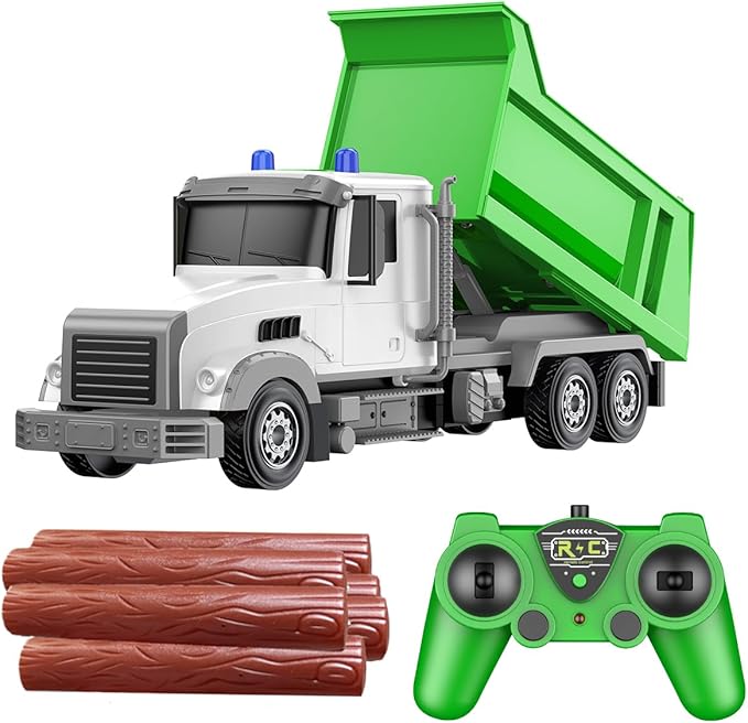 Remote Control Construction Dump Truck Toy RC Vehicle,6 Channel Truck Toys w/ 6 pcs Wood,2 Rechargeable Batteries,1/24 Scale Dump Truck,B'day Gifts Ideas Boys Age 3-8 Year Old,Green Dump Truck