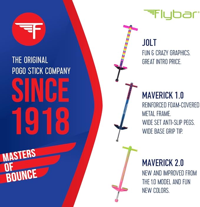 Flybar Maverick Pogo Stick for Kids Ages 5+, 40 to 80 Pounds, Perfect for Beginners, Easy Grip Handles, Anti-Slip Pegs, Outdoor Toys for Boys and Girls