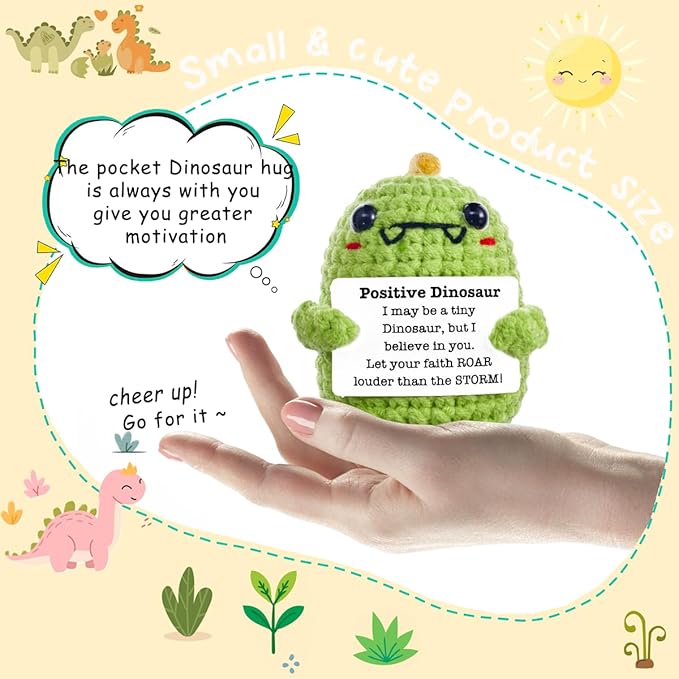 Funny Easter Basket Stuffers Positive Crochet Animals Dinosaur, Stress Relief Gifts for College Student Graduation Boyfriend Husband Women Birthday Desk Decor(Green Dinosaur)
