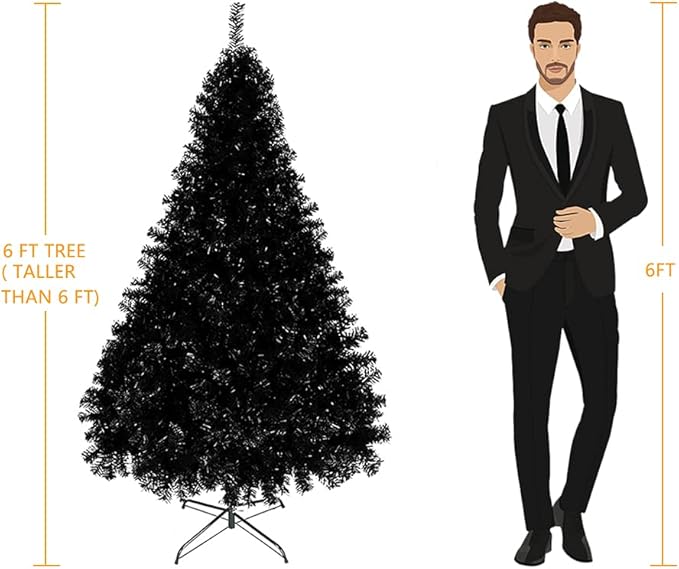 Bonnlo Upgraded Full 6ft Artificial Black Halloween Christmas Tree Holiday Decoration w/ 1,600 Branch Tips, Sturdy Metal Stand