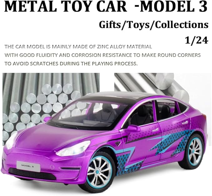 1/24 Scale Diecast Car Model 3, Alloy Diecast Toy Cars Pull Back Toys with Sound & Light, Vehicles Toys for Kids Gift Car Lovers Collection (1/24 Model 3 -Purple)