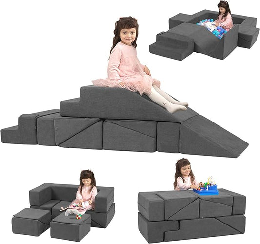 Kids Play Couch Foam Climbing Blocks for Toddlers Sofa Convertible Climbing Toy for Creative Child Girls and Boys Climber Playroom Furniture (Dark Grey)